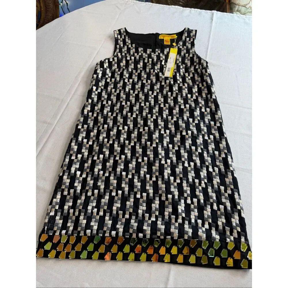 NWT Catherine Malandrino Silk Black Silver Geometric Mirrored Dress Size 8 New